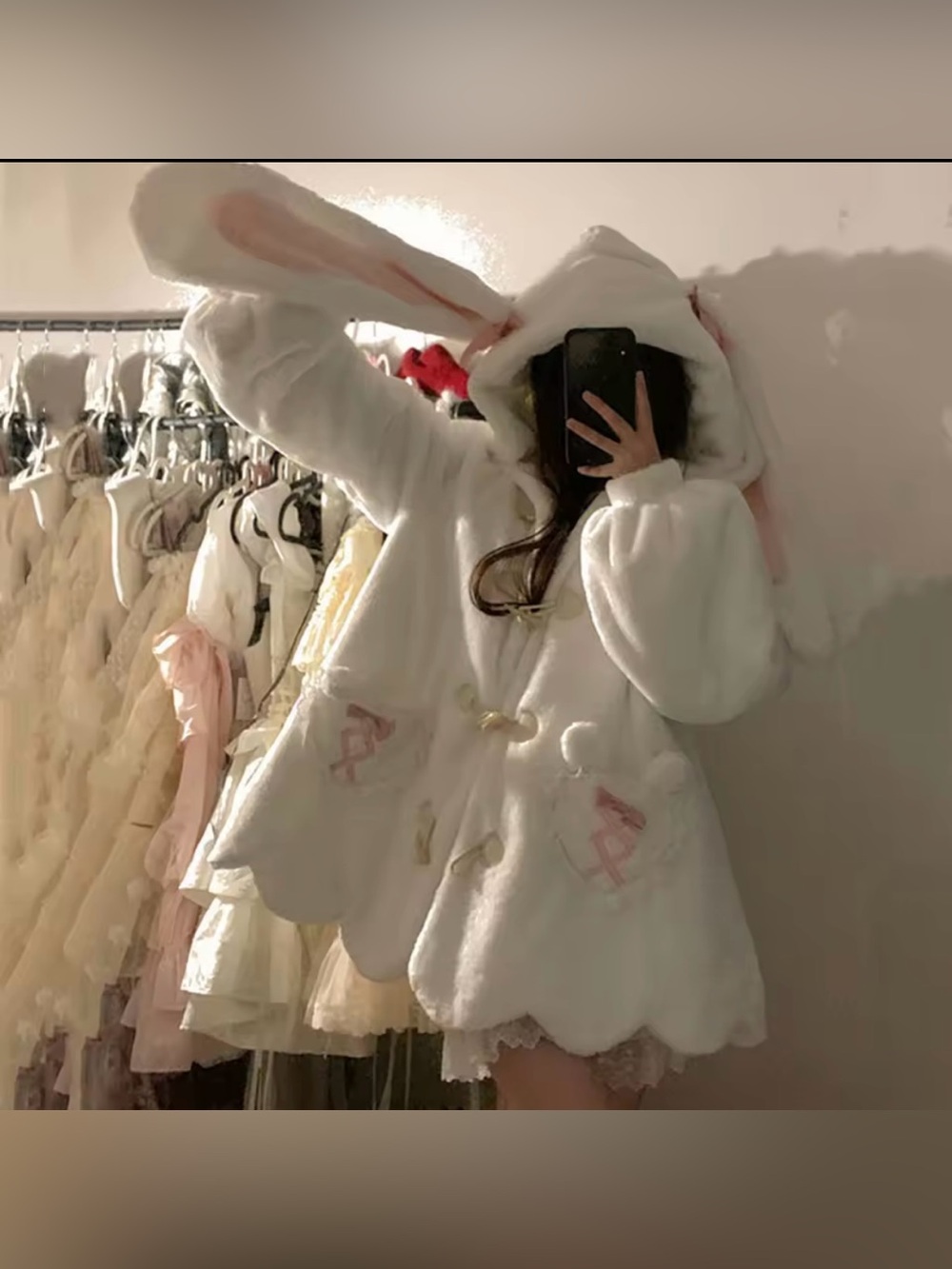 White Kawaii Plush Bunny Ear Jacket Heavy Pink Bow Toggle Jojifuku Jfashion m

I